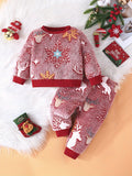 Two-Piece Suit Baby Girl Baby Boys Casual And Comfortable Autumn And Winter New Christmas Style Snowflake Deer Plush Round Neck Sweatshirt Trousers Suit, For Outdoor