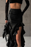 namcoverse Solid Color PU Romantic Ruffles Ribbons Irregular Skirt