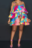 namcoverse Leaf Print Colorful Tiered Ruffle Mini Dress