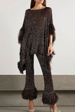 namcoverse Solid Color Fuzzy Trim Rocking Irregular Pant Suit