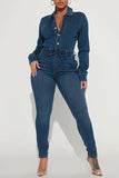 namcoverse Solid Color Feminine Drawstring Bodycon Denim Jumpsuit