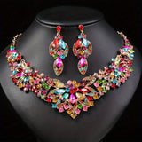 Retro Colorful Flower Crystal Chunky Necklace & Earrings Bridal Set Accessories Wedding Party Jewelry Set