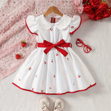 Adorable Girls Strawberry Pattern Sleeveless Doll Collar Ruffle Hem Dress with Belt - Casual Summer Outfit for Machine Washable Woven Fabric - Easy Care and Regular Fit