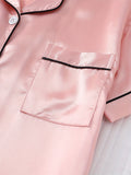 Womens Solid Satin Pajamas Set - Luxurious Short Sleeve Button Top & Bow Shorts - Soft Sleepwear & Loungewear for Stylish Nighttime Elegance, Summer Ready