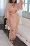 namcoverse Solid Color Ripped Tassel Bohemia Knitted Skirt Suit Beachwear