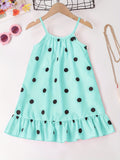 Girls Whimsical Polka Dot Dress - Delicate Spaghetti Strap, Sleeveless, Flirty Ruffle Hem, Halter Neckline - Perfect for Party Occasions, Ideal for Beach and Summer Fun