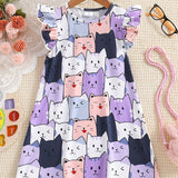 Adorable Cartoon Cat Sleeveless Tunic Dress for Girls - Soft Polyester Knit Fabric, Geometric Pattern, Regular Fit, Slight Stretch, Perfect for Summer Holidays