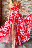 namcoverse Floral Print Sweet V Neck High Split Maxi Dress