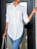 Plus Size Womens Solid Lapel Collar Long Sleeve Casual Blouse - Soft Slight Stretch Polyester Shirt with Button Front and Turn Down Collar - Semi-Sheer, Regular Length, No Printing, Perfect for Spring/Summer/Fall