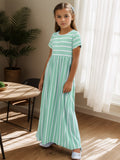 Girls Striped Maxi Dress - Short Sleeve, Loose & Comfortable - Versatile Casual Style for Everyday Wear