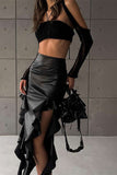 namcoverse Solid Color PU Romantic Ruffles Ribbons Irregular Skirt