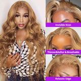 Peruvian Soft Hair Glueless Honey Blonde Body Wave Lace Front Wig 13x4 Colored Lace Front Human Hair Wigs HD Synthetic Lace Closure Wig 250 Density