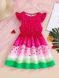 Girls Sweet Watermelon Print Ruffle Sleeve A-line Dress - Playful Vacation Casual Wear, Perfect Summer Gift for Little Fashionistas