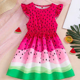 Girls Sweet Watermelon Print Ruffle Sleeve A-line Dress - Playful Vacation Casual Wear, Perfect Summer Gift for Little Fashionistas