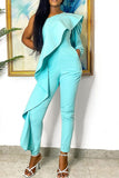 namcoverse Solid Color One Shoulder Pretty Asymmetric Ruffles Jumpsuit