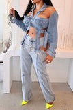 namcoverse Blue Washed Unusual Cutout Belted Jeans