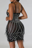 namcoverse Rhinestone & Beaded Decor Hot Tassel Trim See-Through Mini Dress