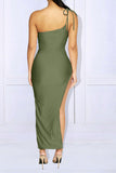 namcoverse Solid Color One Shoulder Lace-Up Chic Ruched High Split Midi Dress