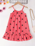 Girls Whimsical Polka Dot Dress - Delicate Spaghetti Strap, Sleeveless, Flirty Ruffle Hem, Halter Neckline - Perfect for Party Occasions, Ideal for Beach and Summer Fun