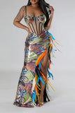 namcoverse Floral Print Sequined Hot Feather Trim High Split Maxi Dress