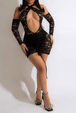 namcoverse Lace Party Cutout Drawstring See-Through Mini Dress