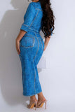 namcoverse Imitation Denim Print On-trend Pocket Button Midi Dress