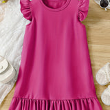 Girls' Summer Elegance: Flutter Sleeve Solid Color Dress - Ruffle Hem, Perfect for Holiday & Party Celebrations