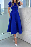 namcoverse Solid Color Puff Sleeve Girly A-Line Midi Dress