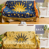 1pc Celestial Moon and Sun Throw Blanket - Soft and Stylish Sofa Cover for Hippie Room Decor - Cotton Woven Blanket for Bed and Couch - Yellow and Blue Design Ramadan