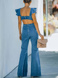 Women's Casual Flare Jeans Jumpsuit With Ruffle Sleeves, Full-Length Plain Backless Denim Overalls Dungarees