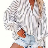 Plus Size Striped Print Lantern Sleeve Lapel Collar Tunic Shirt - Soft Slight Stretch Fabric, Semi-Sheer, Pocket Detail, Casual Style for Spring and Fall - Polyester Woven Shirting with Random Printing