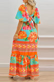 namcoverse Floral Print Classic Tie Back Ruffle Maxi Dress