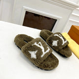 Wool integrated women slippers with soft plush open toe fur slippers fuzzy and fluffy home shoes indoor outdoor slippers