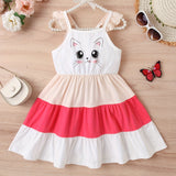 Adorable Cartoon Kitty Girls Summer Dress - Cute Ruffles, Contrast Stitching & Easy-Care Knit Fabric