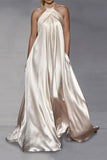 namcoverse Solid Color Halter Collar Luxe Swing Maxi Dress