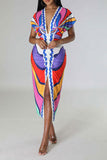 namcoverse Tribal Print Feminine Draped High Split Midi Dress