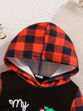 Newborn 1st Christmas Merry Christmas Plaid Sleeve Hooded Romper, Cute Kid's Party Casual Clothes for Outdoor Wear