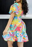 namcoverse Floral Print Cute Puff Sleeve Ruffle Hem Mini Dress