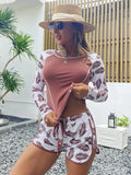 Random Tropical Print Mid Waist Short Bikini Sets Swimsuit for Women Long Sleeve Two Pieces Beachwear Bathing Suit Swimwear 240118