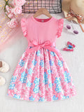 Adorable Girls Floral Print Dress with Ruffled Hem and Adjustable Bow Belt - Perfect for Summer Parties and Special Occasions as a Delightful Gift