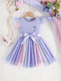 Girls Dreamy Cartoon Unicorn Print Flutter Trim Gradient Tutu Dress - Soft Slight Stretch Polyester Material, Belted Mesh Design, Regular Fit, Cute Style, Perfect for Summer Party Gift