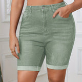 Plus Size Womens High Stretch Solid Green Bermuda Denim Shorts - Roll Up Hem, Slash Pockets, Comfortable and Breathable for Spring/Summer - Casual Wear for Outdoor Activities