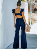 Women's Casual Flare Jeans Jumpsuit With Ruffle Sleeves, Full-Length Plain Backless Denim Overalls Dungarees