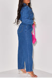 namcoverse Solid Color Notched Lapel Commuting Denim Jumpsuit