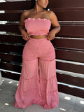 Womens Solid Color Bandeau Crop Tube Top & High Waist Wide Leg Tiered Pantsuits - Ruffle Trim, Shirred, Backless Strapless, Knit Fabric, Polyester, Spring/Summer Vacation Outfit