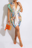 namcoverse Tribal Print Retro Ruched Mini Dress With Belt