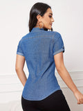 Women's Casual Denim Shirt, Short Sleeve Button-Down Jean Top With Chest Pockets, Slim Fit Fashion Top For Ladies