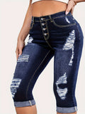 Plus Size High-Rise Capri Jeans - Single-Breasted, Distressed & Cuffed - Casual Chic Denim