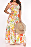 namcoverse Leaf Print Strap Shirred Undeniable Tiered Ruffle Maxi Dress