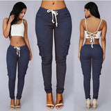 Spring Lace Up Waist Casual Women Pants Solid Pencil Pants Multi-Pockets Plus Size Straight Slim Fit Trousers